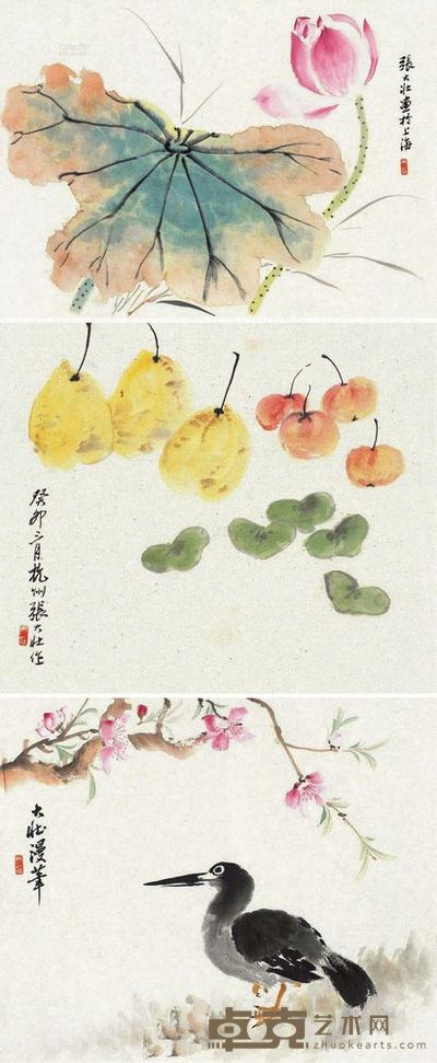 张大壮 花鸟蔬果 (二帧) 镜片 28×38cm;26×32cm;25×30cm