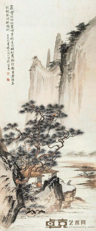 周怀民 乙亥（1935）年作 秋山溪亭图 立轴 84×34cm