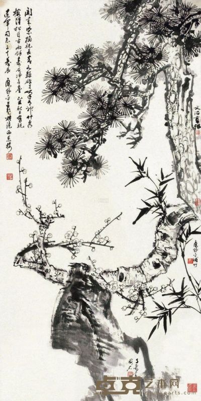 宋文治 应野平 徐子鹤 乙丑（1985）年作 三清图 立轴 137.5×68cm