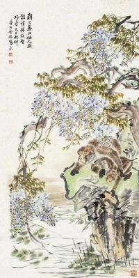 金梦石 己巳（1929）年作 紫藤双猴 立轴