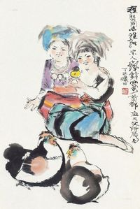 程十发 丁巳（1977）年作 双丽图 镜框