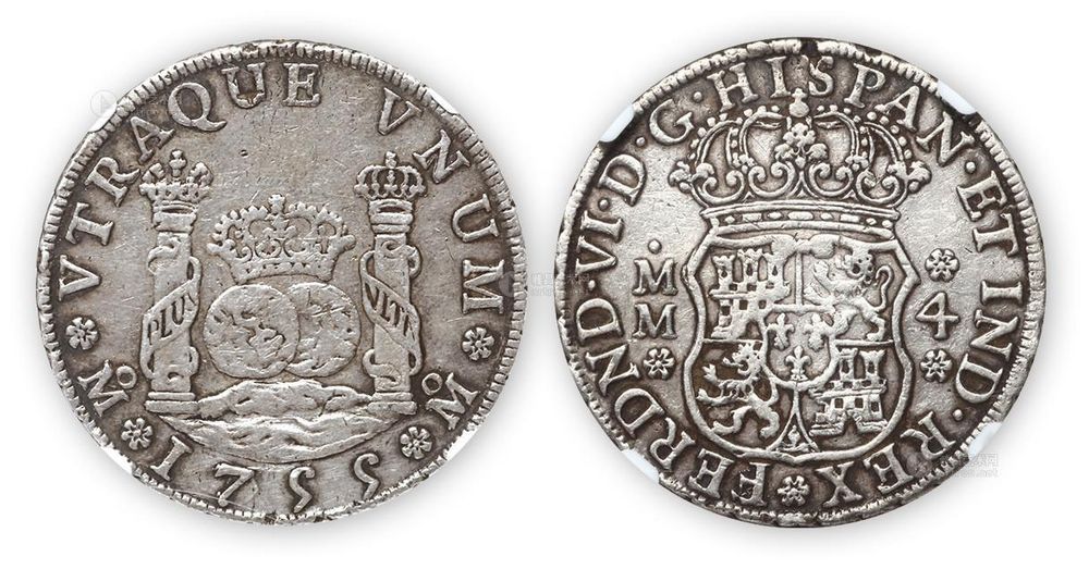 1755年墨西哥双球双柱4R银币一枚_上海泓盛2013秋季文献邮品钱币拍卖会_ 