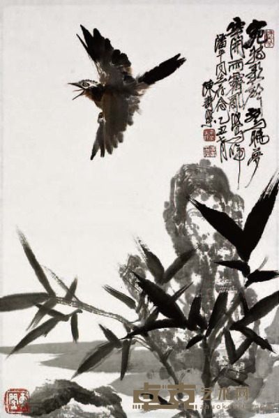 陈寿荣 竹石杜鹃鸟 68×45 约2.8 平方尺