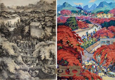 黄文波 山村新事 (二幅) 110×80cm;175×125cm