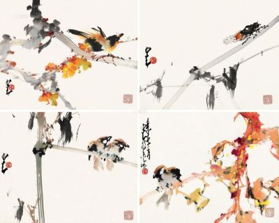 赵少昂 己未（1979）年作 虫鸟息木 （四件） 镜片