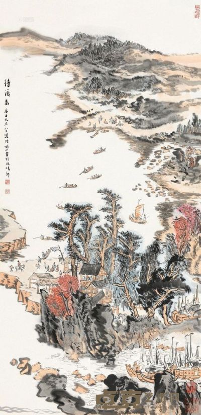 陆俨少 庚午（1990）年作 待渡图 139×68cm