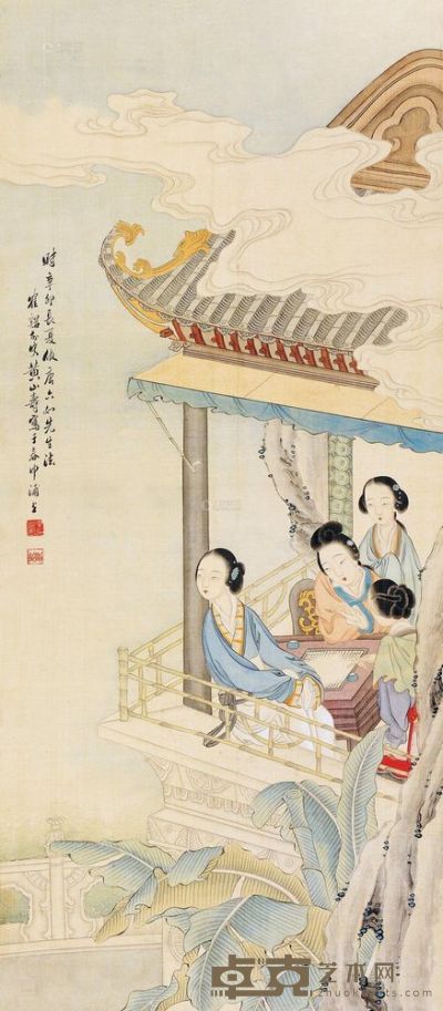 黄山寿 辛卯（1891）年作 仕女博弈 立轴 94×41cm