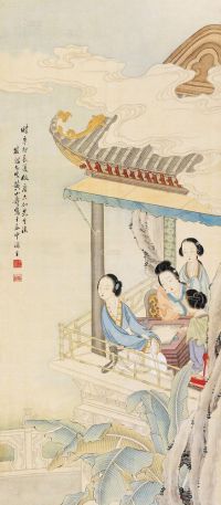 黄山寿 辛卯（1891）年作 仕女博弈 立轴