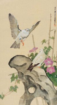 刘奎龄 壬申（1932）年作 双鸽图 立轴