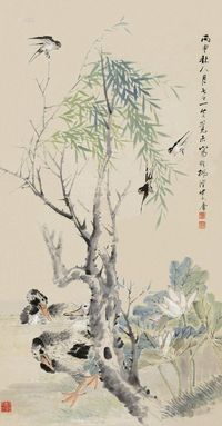 朱偁 丙申（1896）年作 荷塘春暖 屏轴