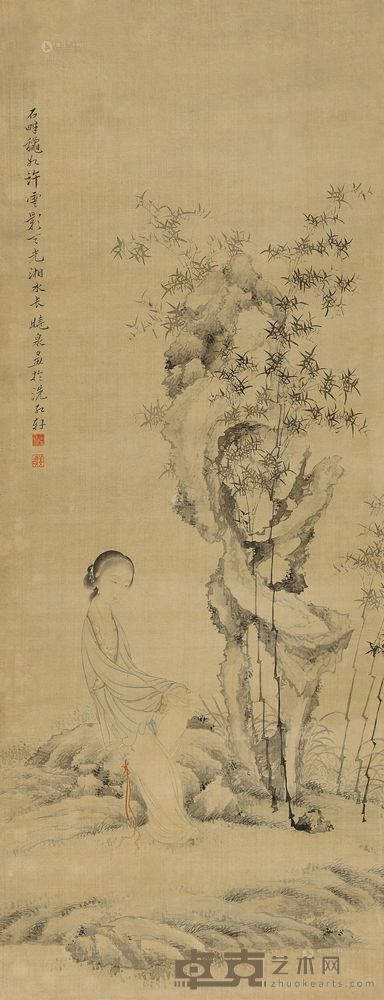 姜壎 竹林仕女 立轴 91×35.5cm