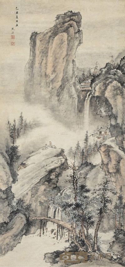 鲍济 乙丑（1685）年作 溪山对禅 立轴 97×46cm