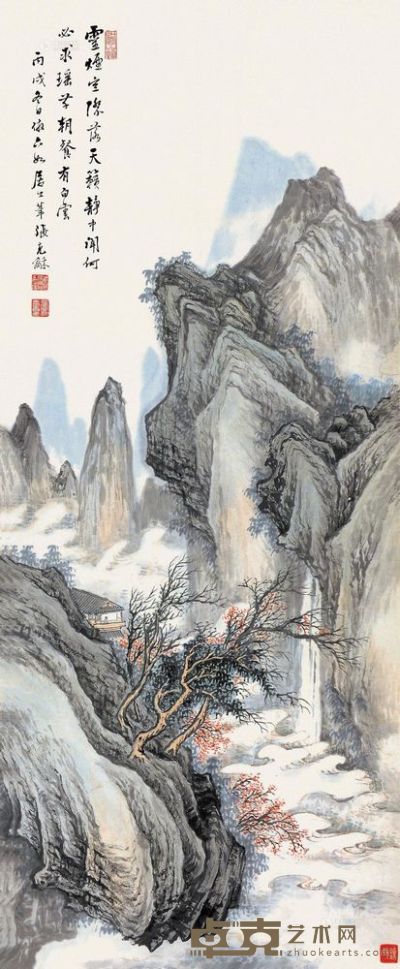 张石园 丙戌（1946）年作 万山烟霭 立轴 99×41cm
