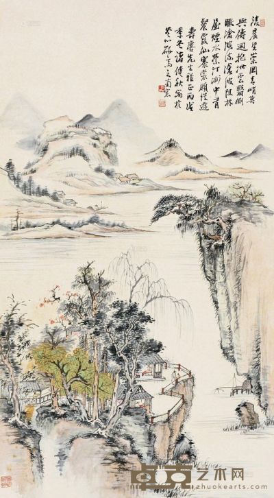 诸健秋 丙戌（1946）年作 沧波烟云 立轴 145×80cm