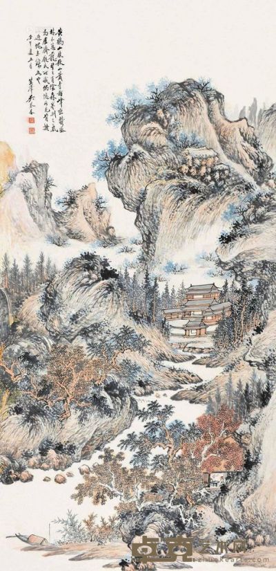 吴琴木 壬午（1942）年作 秋山萧寺 立轴 139×68cm