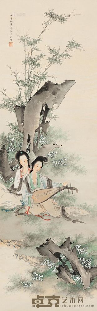 王叔晖 癸未（1943）年作 琵琶仕女 立轴 110×34.5cm