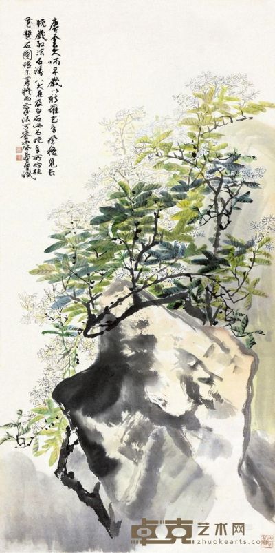 唐云 桂花盘石 镜片 137.5×68.5cm