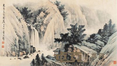 黄君璧 己巳（1965）年作 秋山观瀑 镜片 52×90cm