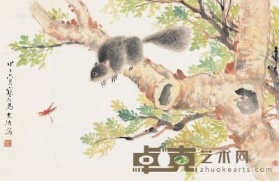 江寒汀 甲午（1954）年作 梧桐鼠戏 镜片 50.5×78cm