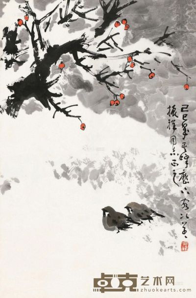 孙其峰 己巳（1989）年作 林荫双鹊 镜片 68.5×40.5cm