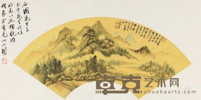 张石园 己丑（1949）年作 溪山雨意 扇片 18.5×51.5cm