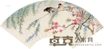 周炼霞 庚申（1980）年作 桃花双燕 扇片 17.5×51cm