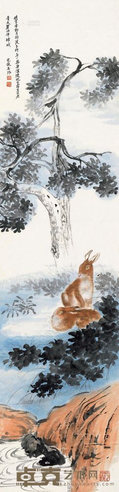 张善孖 月桂双兔 立轴 136.5×33.5cm
