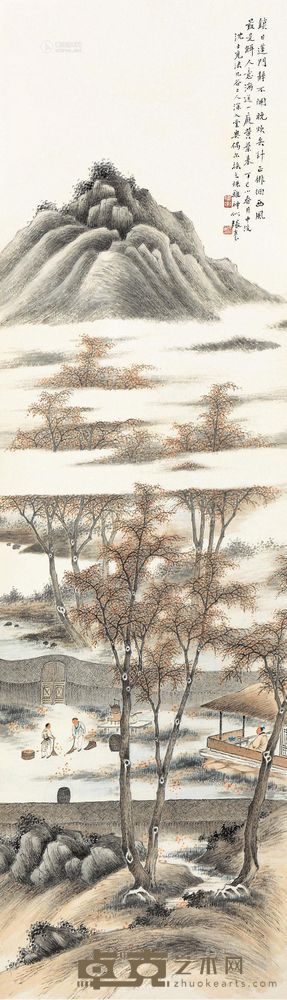 张震 丁巳（1977）年作 红树醉秋光 立轴 143×40cm