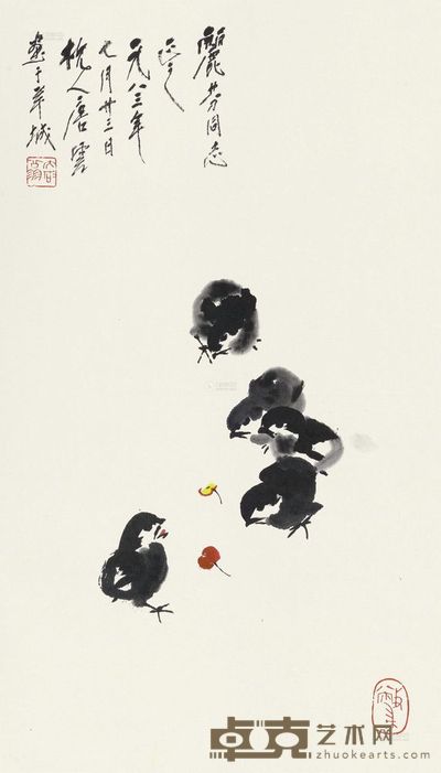 唐云 1983年作 雏鸡图 立轴 76.5×44cm