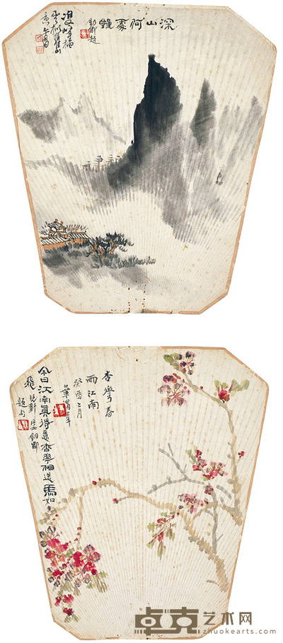 郑午昌 叶谓莘 双峰插云图·杏花图 22.5×19.5cm