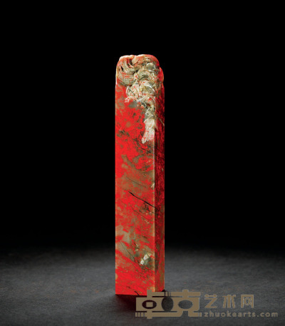 昌化鸡血石双龙戏珠钮方章 2.5×2.5×14.7cm
