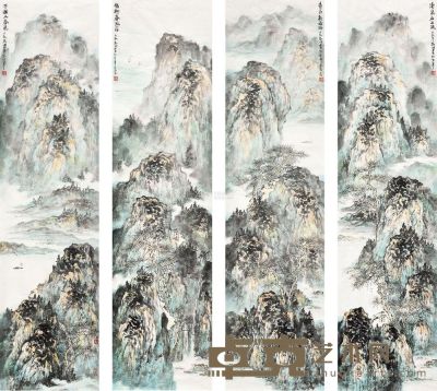 刘明 平湖又春色 镜心 138×35cm×4
