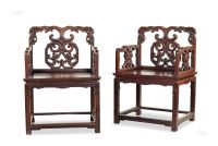 清 红木雕螭龙纹扶手椅 （一对）