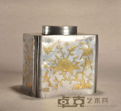 19世纪 锡鎏金花鸟纹茶叶罐 高15cm