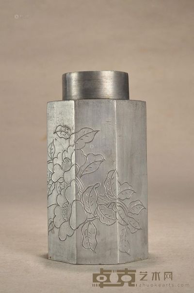 清光绪 锡制花鸟纹八方茶叶罐 高9.5cm