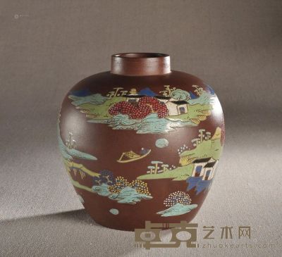 清乾隆 紫砂加彩茶叶罐 高16.5cm