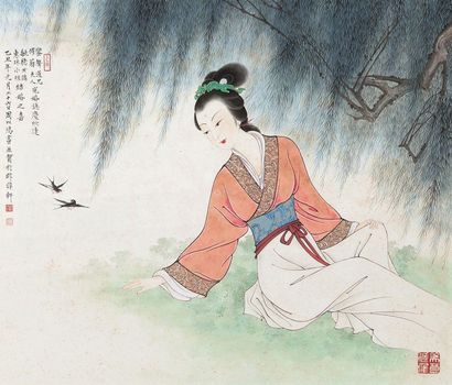 周以鸿 乙丑（1985年）作 喜迎双飞燕 镜框