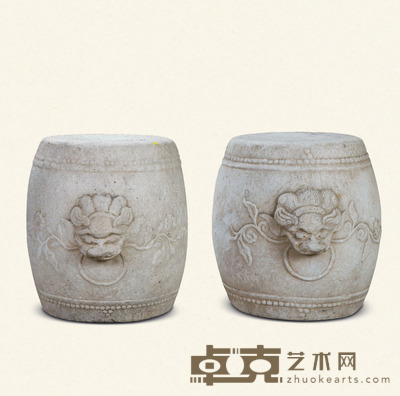 清·汉白玉铺首花卉纹鼓墩一对 40×33×43cm