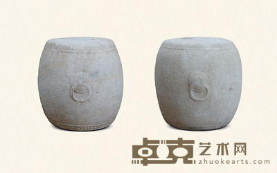 明·汉白玉铺首鼓墩一对 41×31×31cm