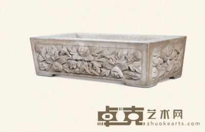 清·汉白玉三面花卉纹长方形石盆 73×36×20cm