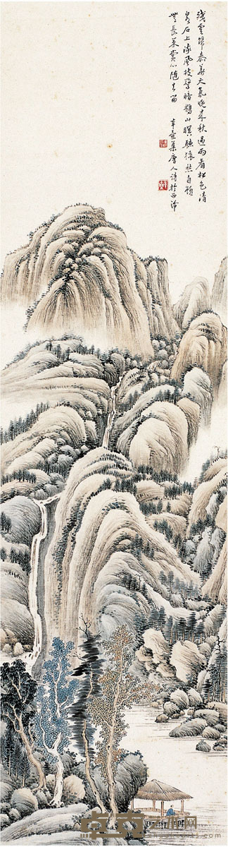 楼辛壶 秋山听泉图 149×41.5cm