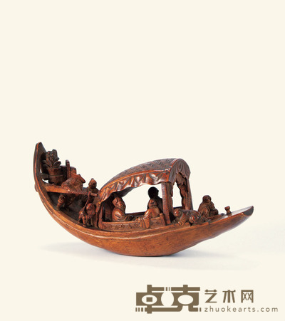 清·竹雕踏青行舟摆件 高:8cm长:20.5cm