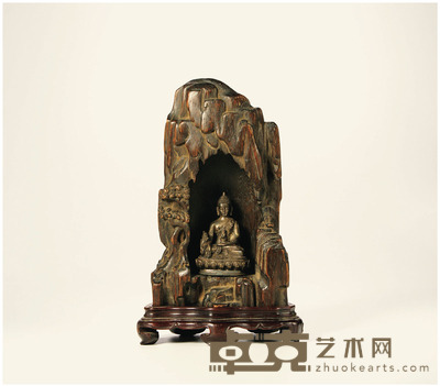 清·沉香雕佛龛及铜释迦牟尼像 带座高:17.1cm重:81.2g