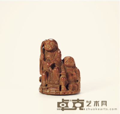 清·黄杨木雕和合二仙摆件 高：10.1cm