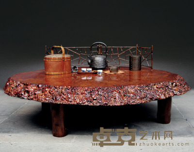 民国·瘿木茶桌及茶具一组 茶桌高：36cm直径：150cm