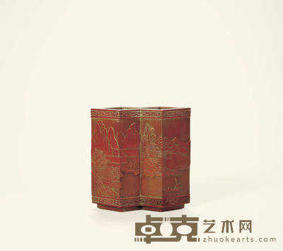 清中期·贴簧雕山水纹双联笔筒 高:9.5cm