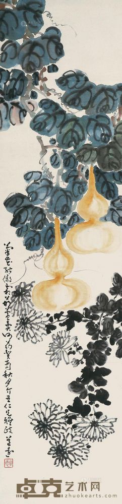 王友石 1933年作 葫芦菊花 立轴 130×32cm