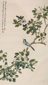 晏济元 茶花双雀 镜心