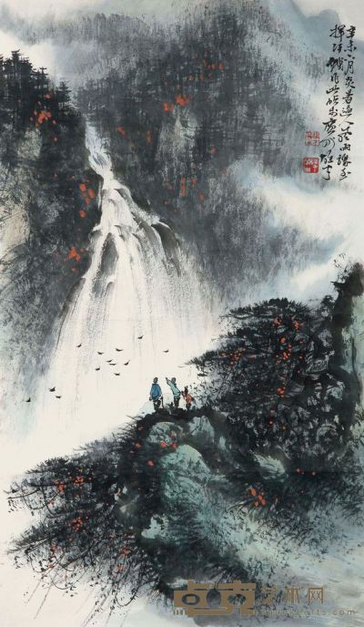 黎雄才 1991年作 观瀑图 立轴 68×40cm