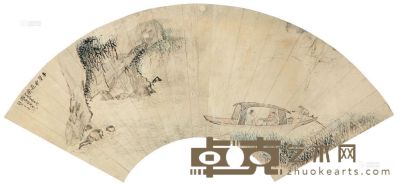 王素 1874年作 赤壁夜游图 扇面 19×53cm